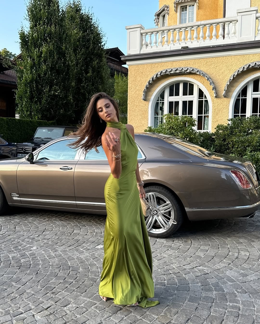 One Shoulder Satin Cape Backless Gown
