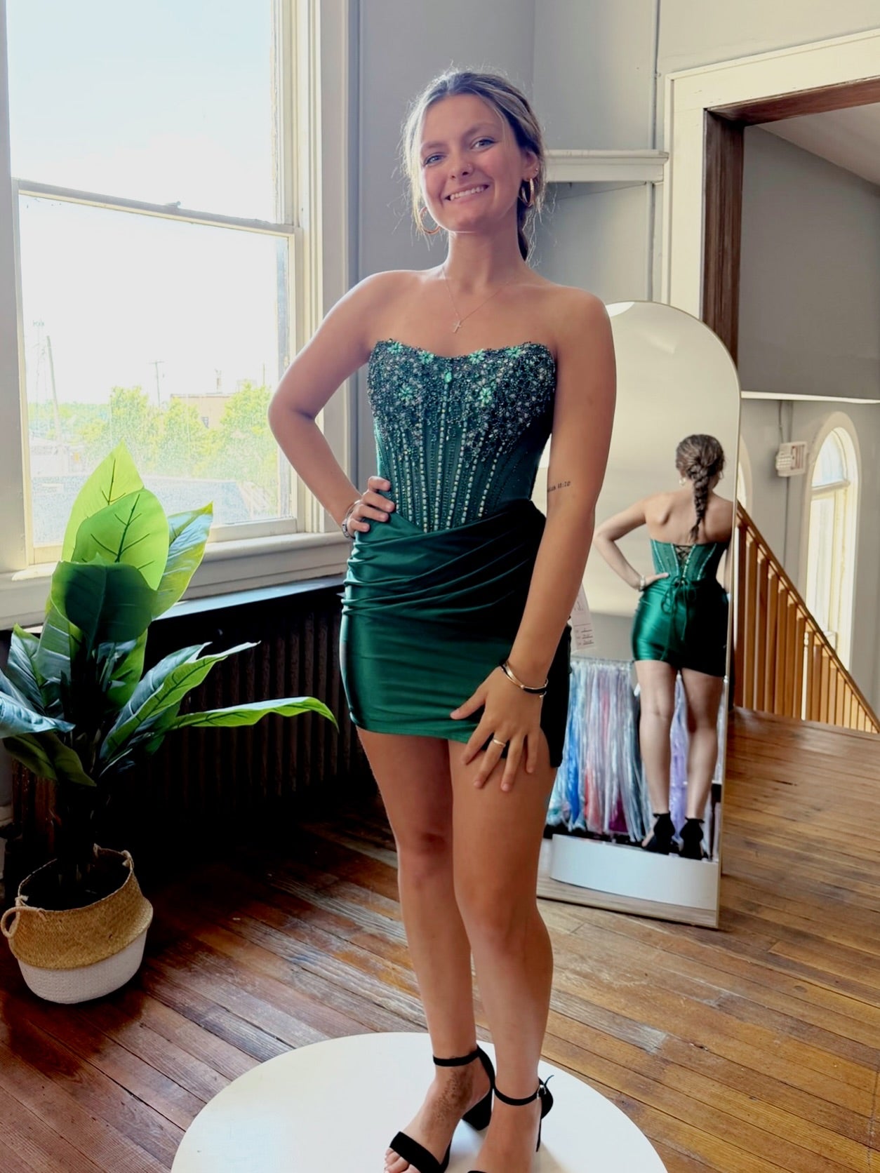 Strapless Beaded Corset Mini Dress with Ruched Skirt