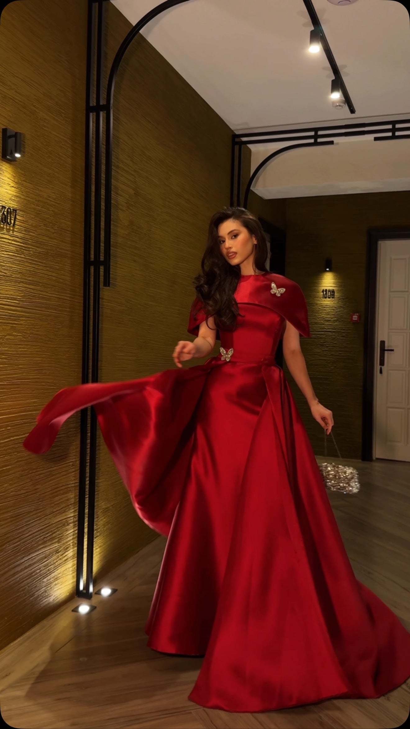 Satin Capelet Evening Gown with Butterfly Accents