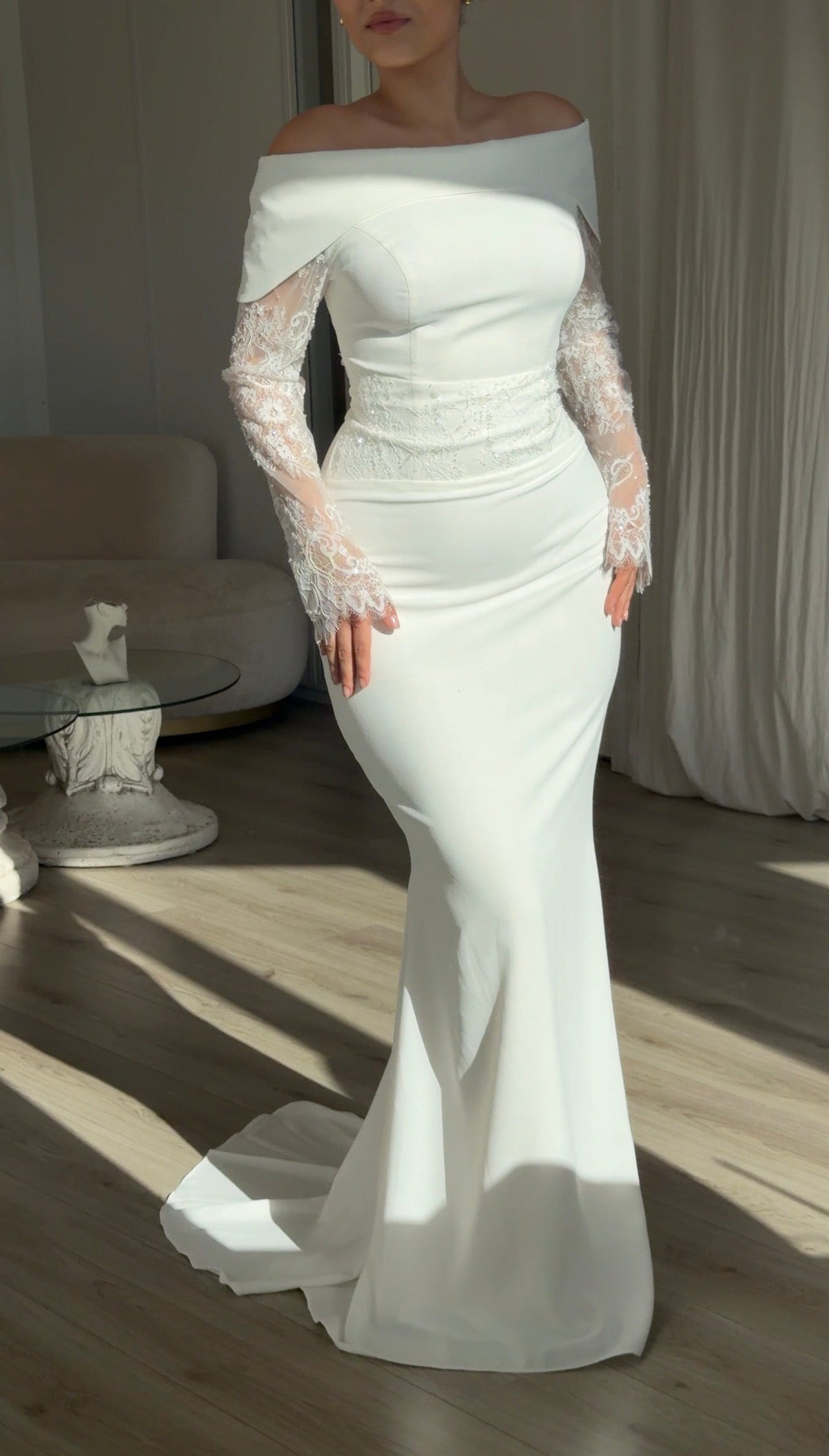 Off-Shoulder Mermaid Gown with Lace Sleeves