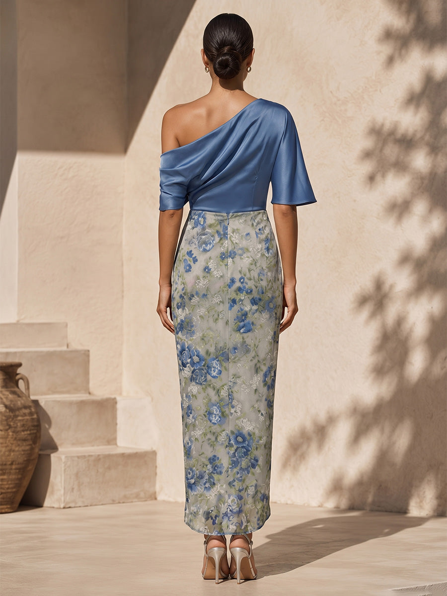 One-Shoulder Draped Midi Dress with Floral Skirt