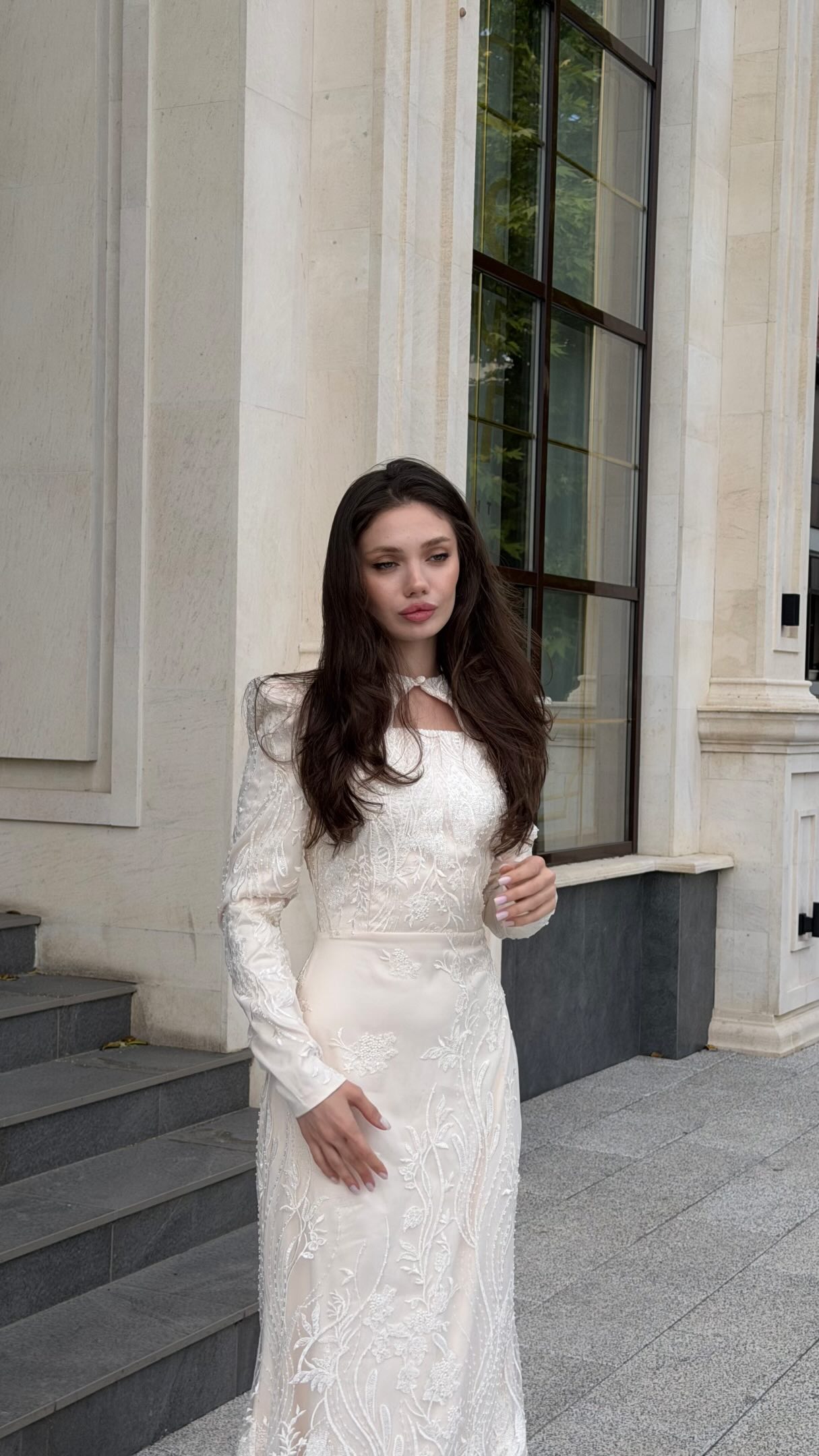 Embroidered Long Sleeve Gown with Keyhole Neck