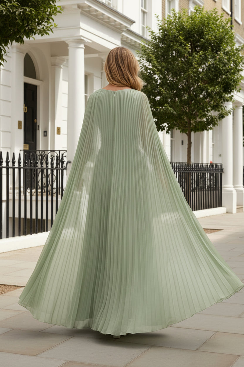 Pleated V-Neck Gown with Dramatic Cape