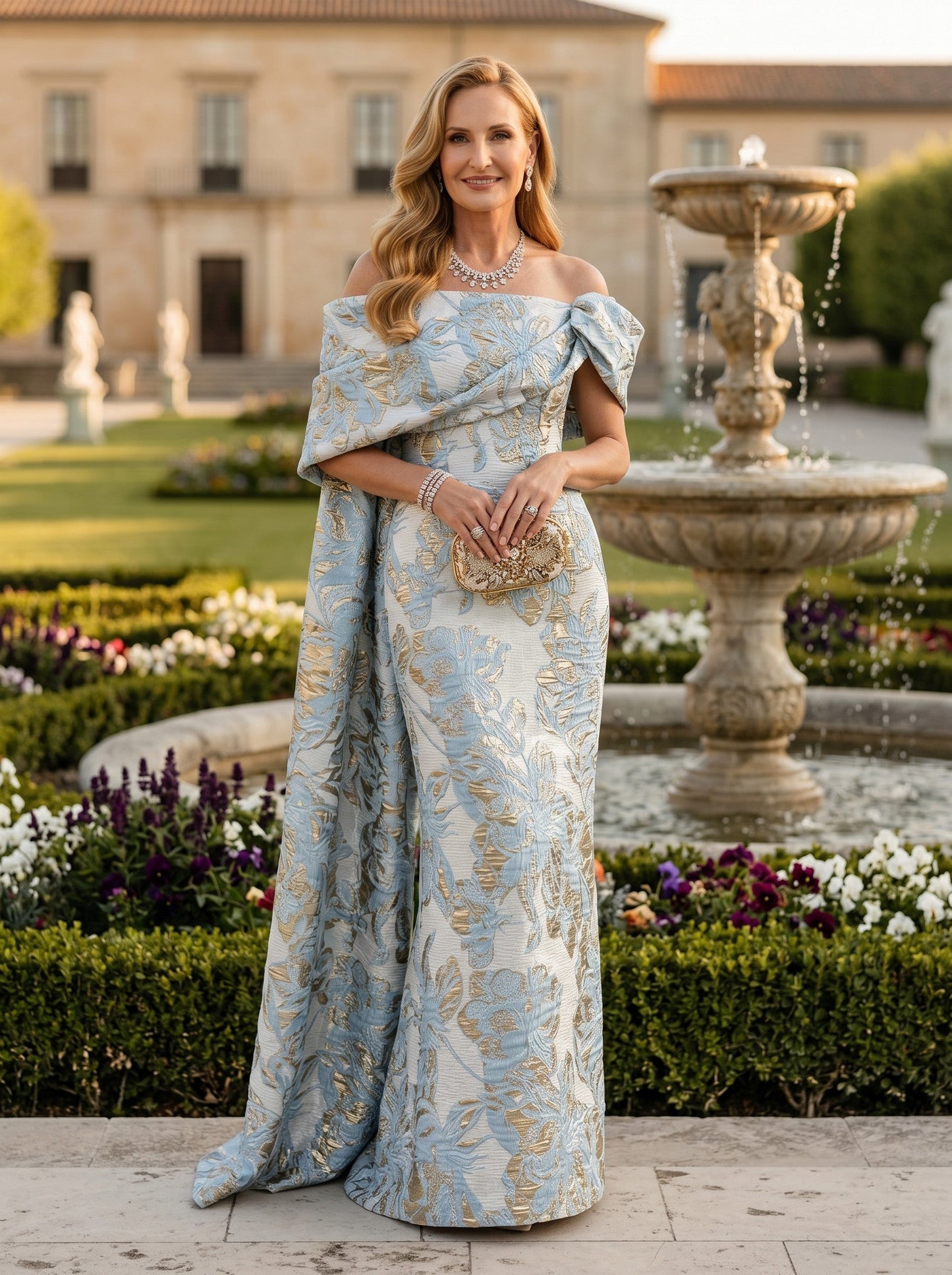Off-the-Shoulder Jacquard Gown with Cape Train