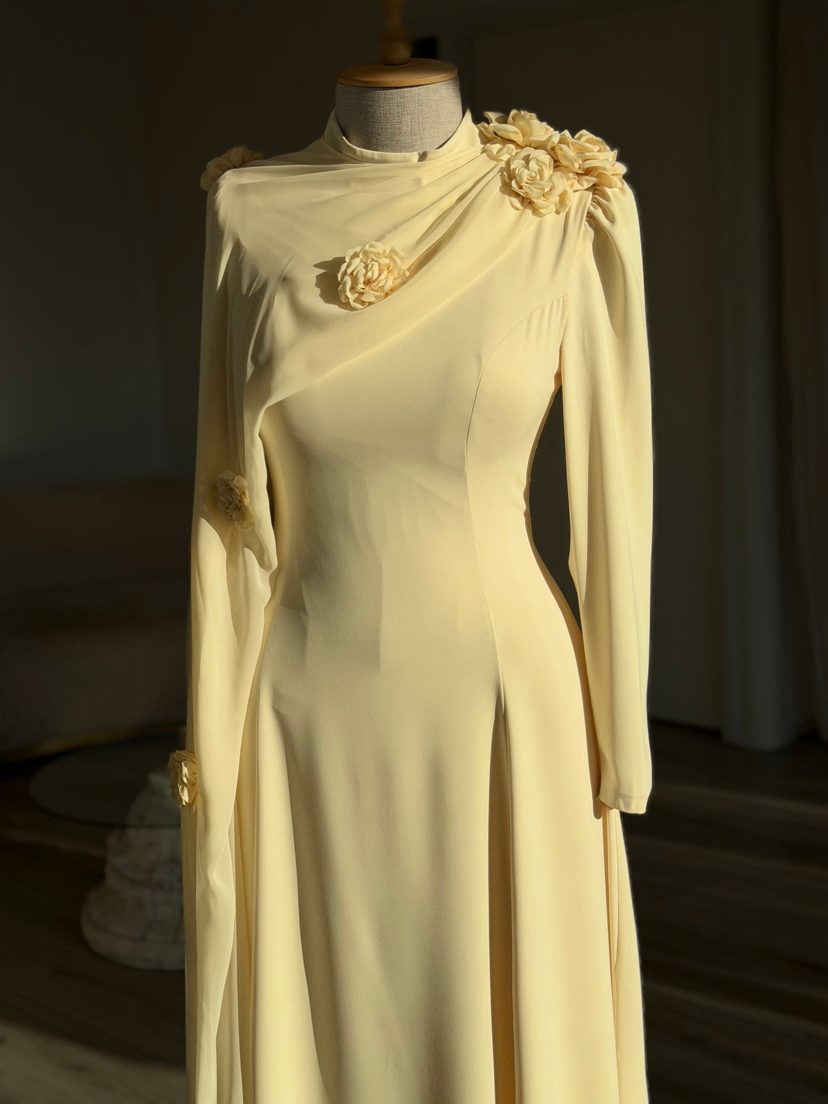 High-Neck Maxi Gown with Draped Rosette Cape
