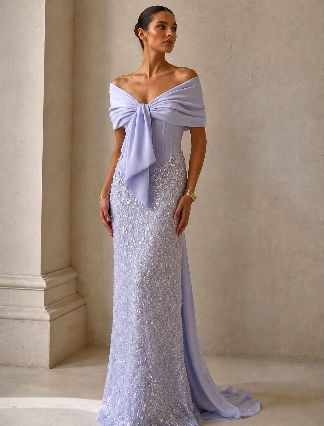 Beaded Off-the-Shoulder Corset Column Gown