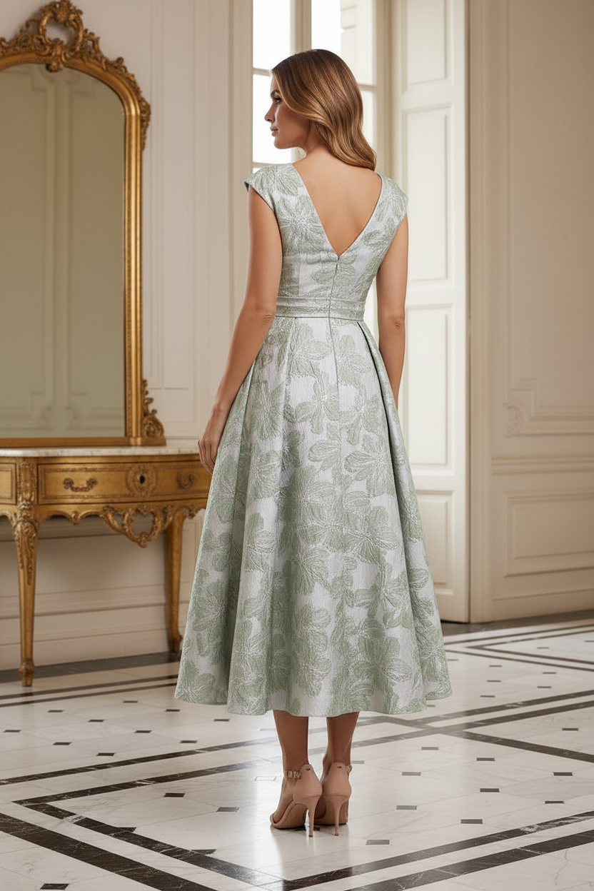 Floral Jacquard Midi Dress with Pleated Bodice
