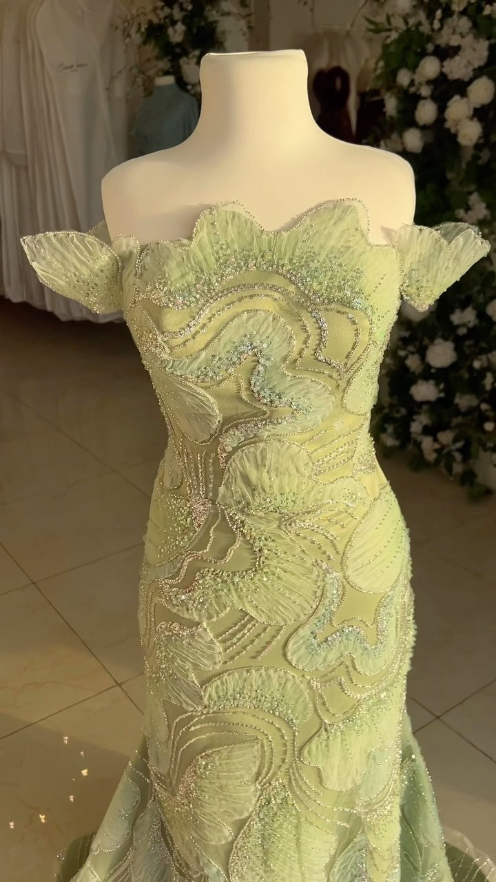 Off-the-Shoulder Beaded Mermaid Evening Gown