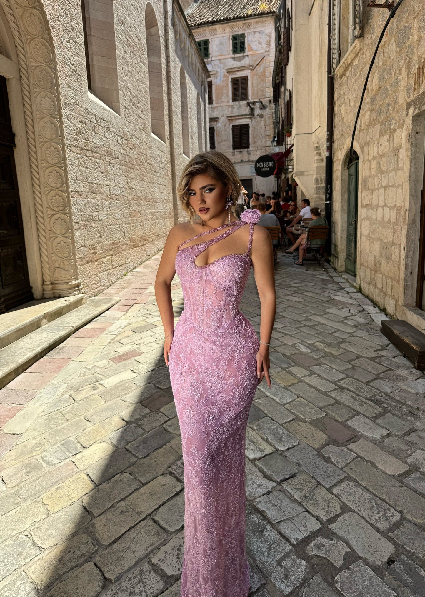 One-Shoulder Lace Corset Evening Gown