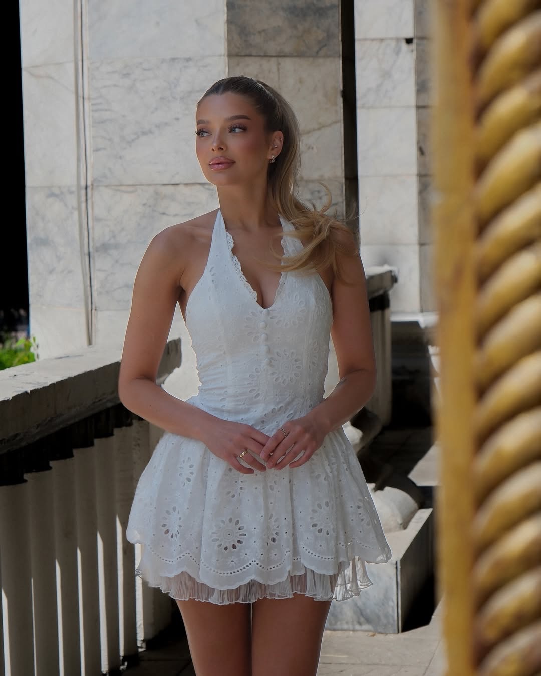 Eyelet Halter Mini Dress with Tiered Ruffle Skirt