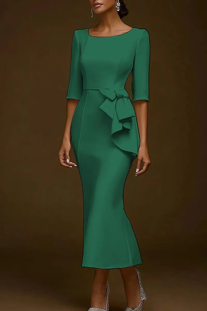 Side Ruffle Bow Waist Midi Dress with Elbow Sleeves