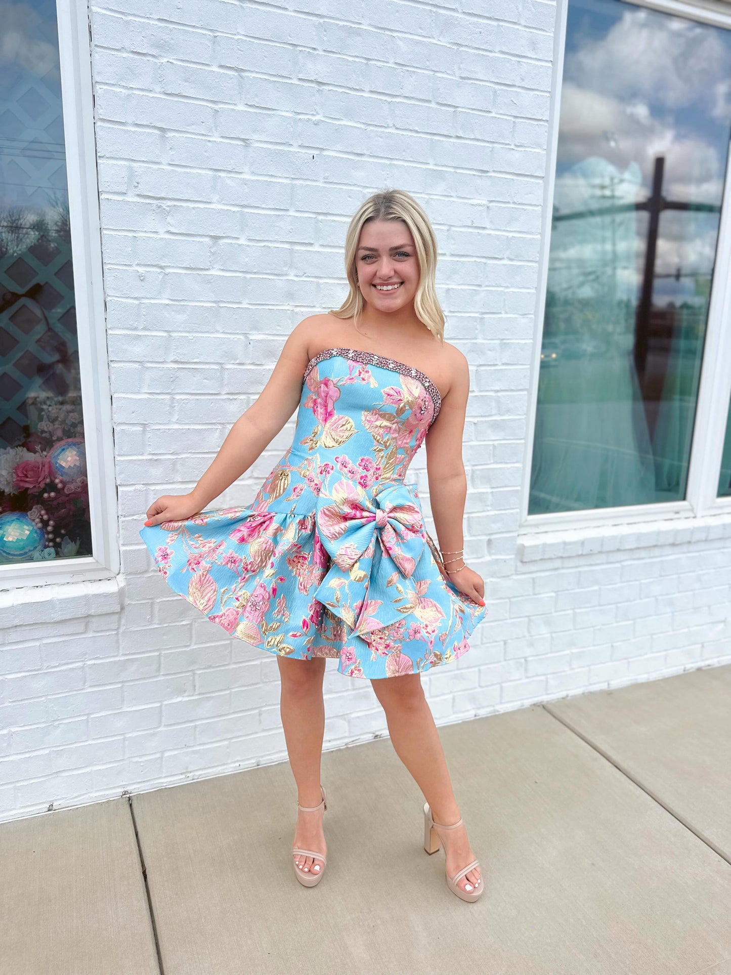 Strapless Floral Jacquard Mini Dress with Bow