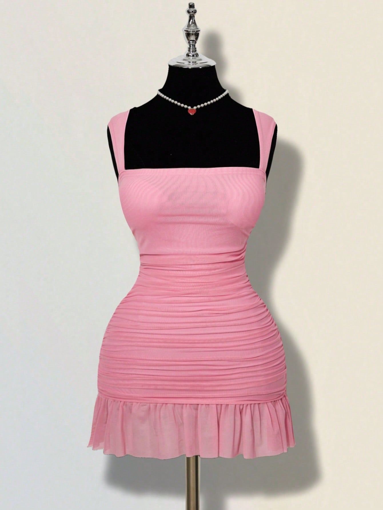 Ruched Square Neck Mini Dress with Ruffle Hem