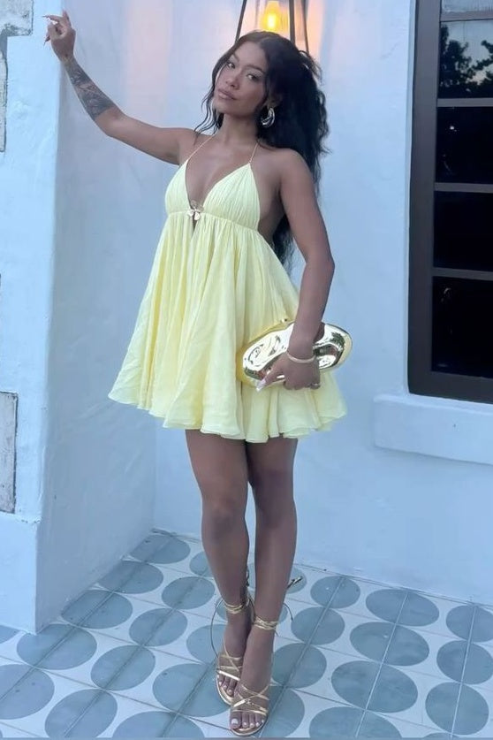 Pleated Halter Chiffon Mini Dress