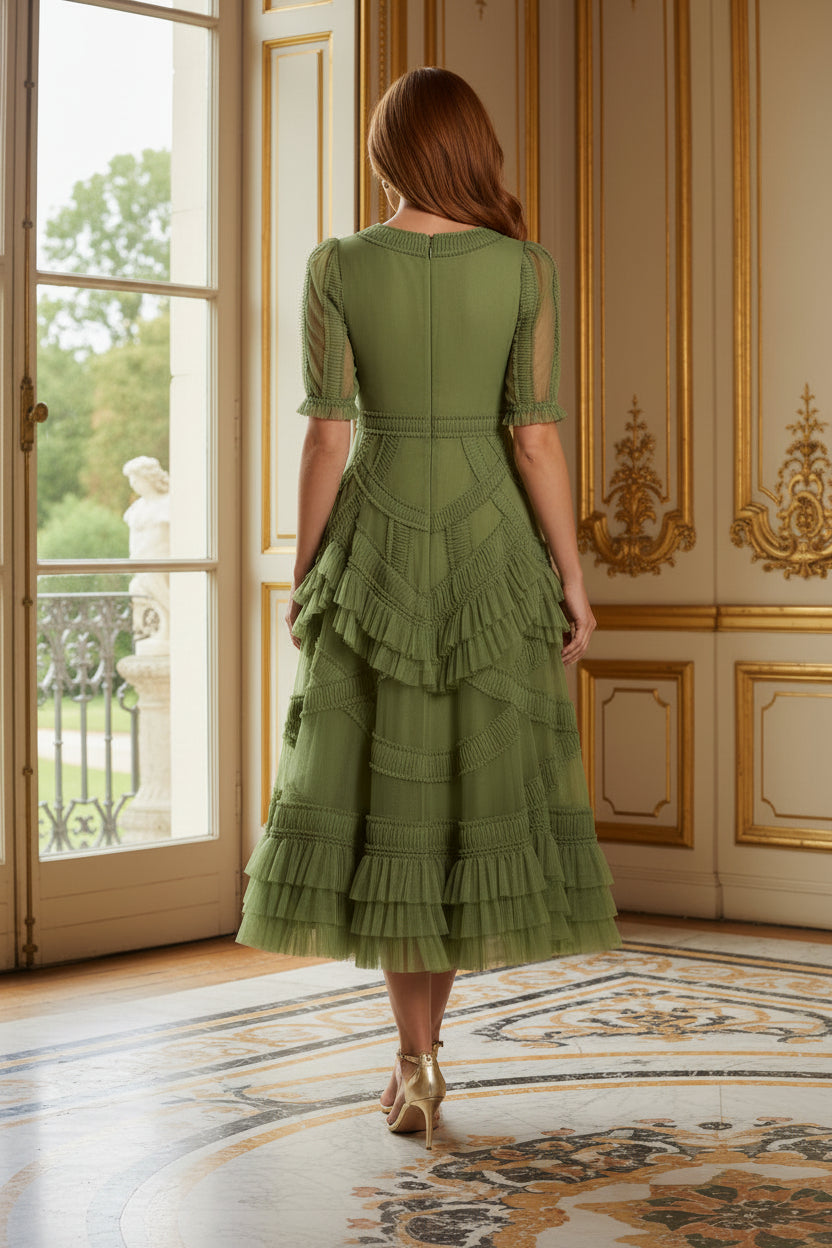 Tiered Ruffle Tulle Midi Dress with Short Sleeves