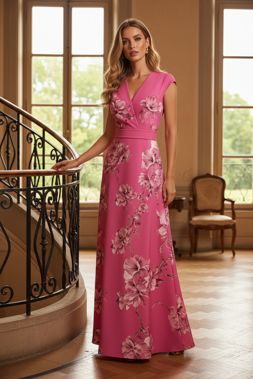 Elegant Floral Print V-Neck Maxi Dress