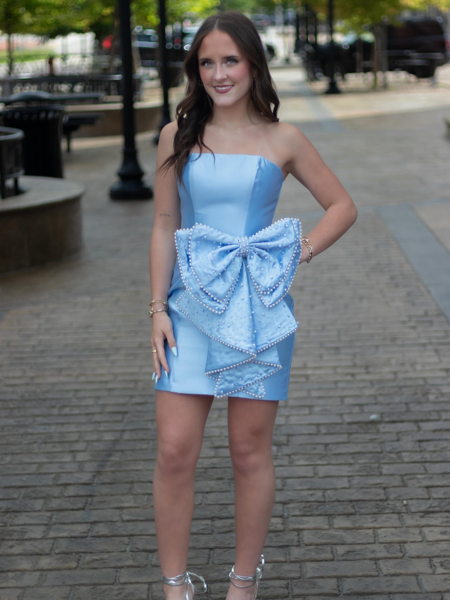 Strapless Satin Mini Dress with Pearl Oversized Bow
