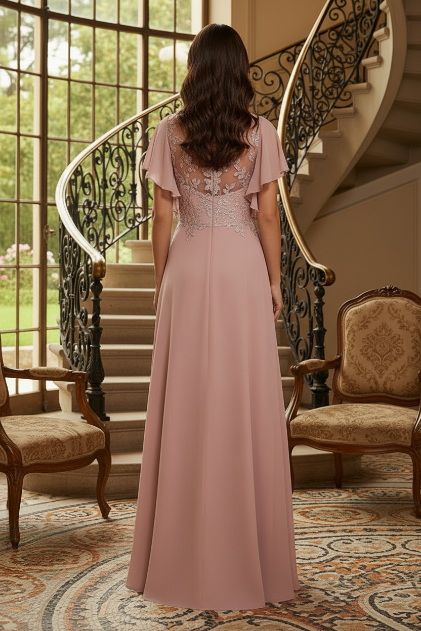 Flutter Sleeve Chiffon Evening Dress with Lace Bodice