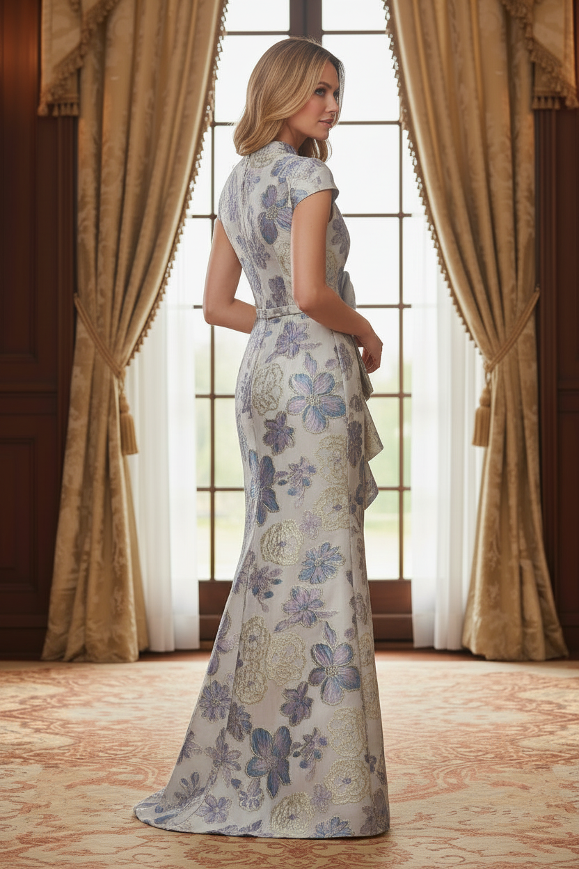 Floral Jacquard Sheath Gown with 3D Rosette & High Slit