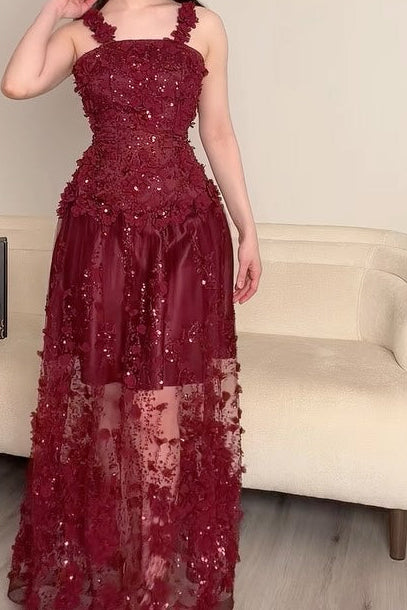 3D Floral Sequin Square Neck Maxi Dress