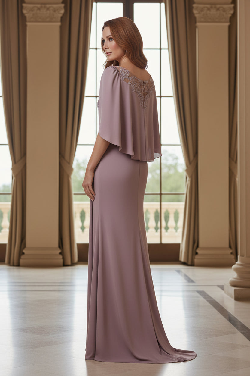 Illusion Lace Bodice Gown with Cape Sleeves & Draped Skirt