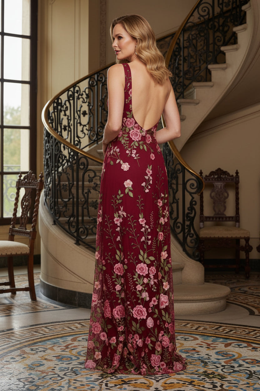 One-Shoulder Embroidered Floral A-Line Gown