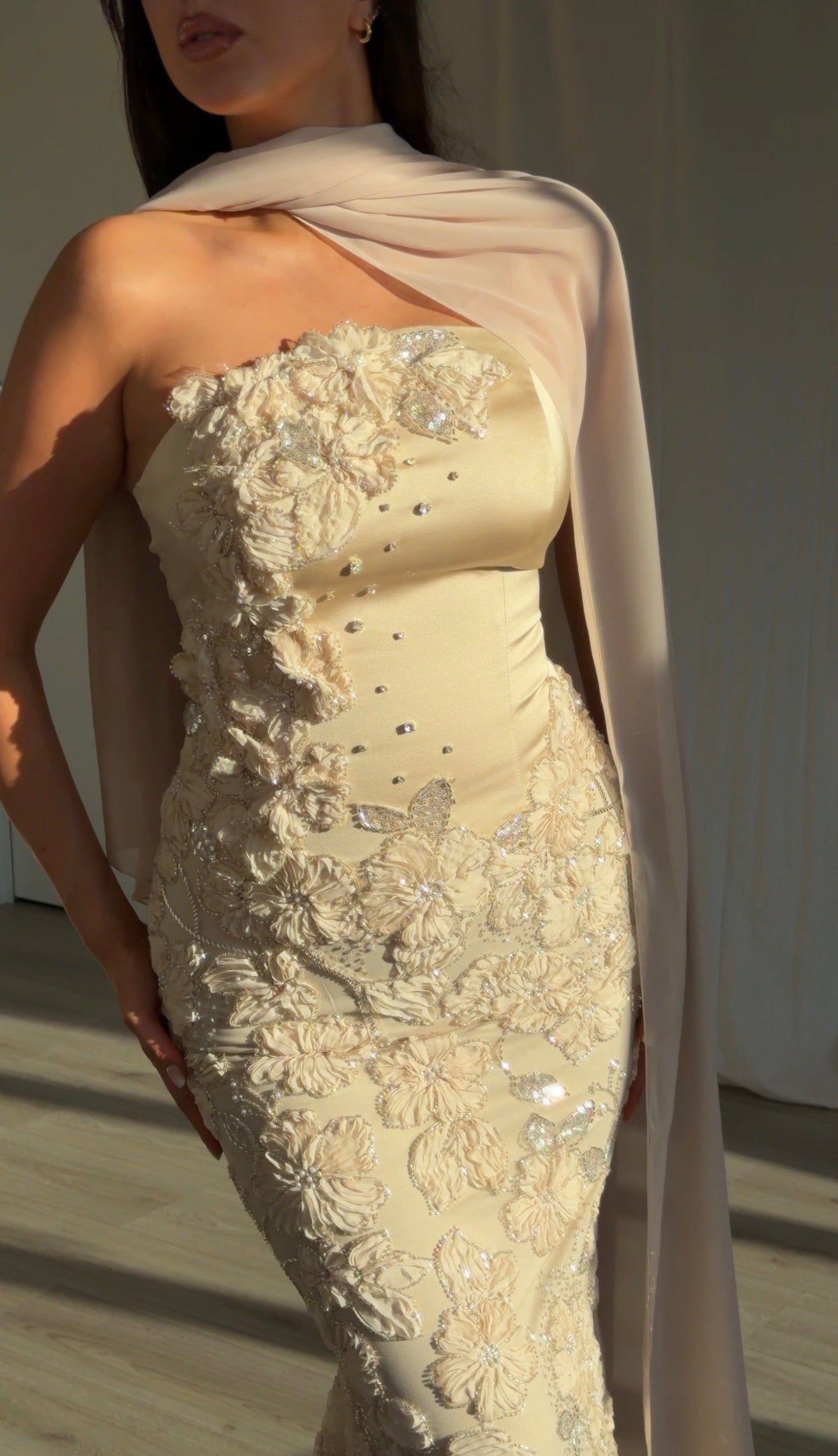 Strapless 3D Floral Mermaid Gown with Scarf