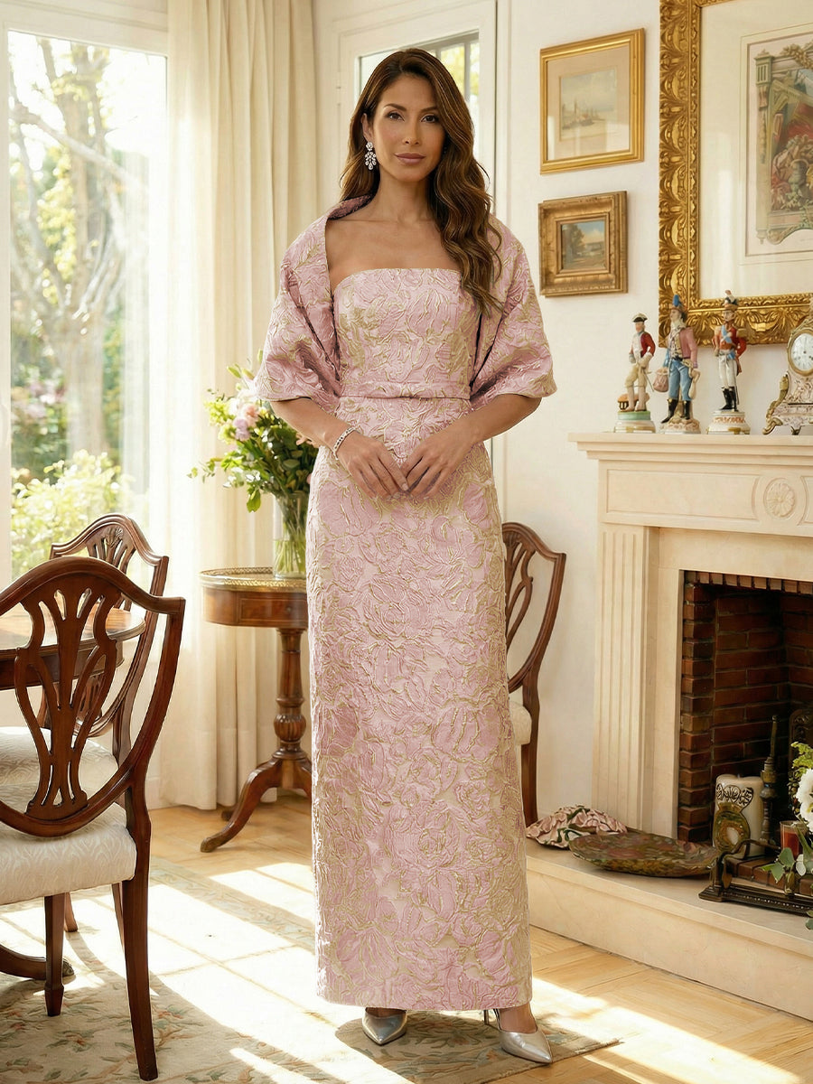 Strapless Jacquard Column Gown with Matching Jacket