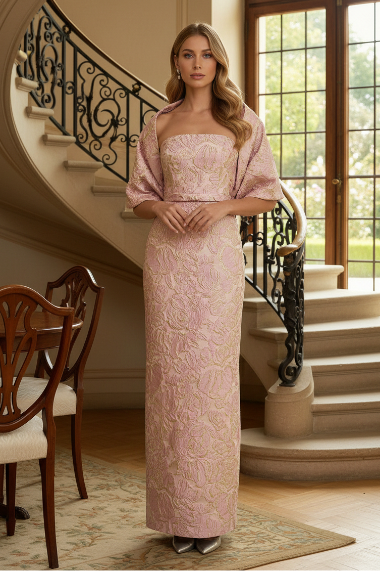 Strapless Jacquard Column Gown with Matching Jacket