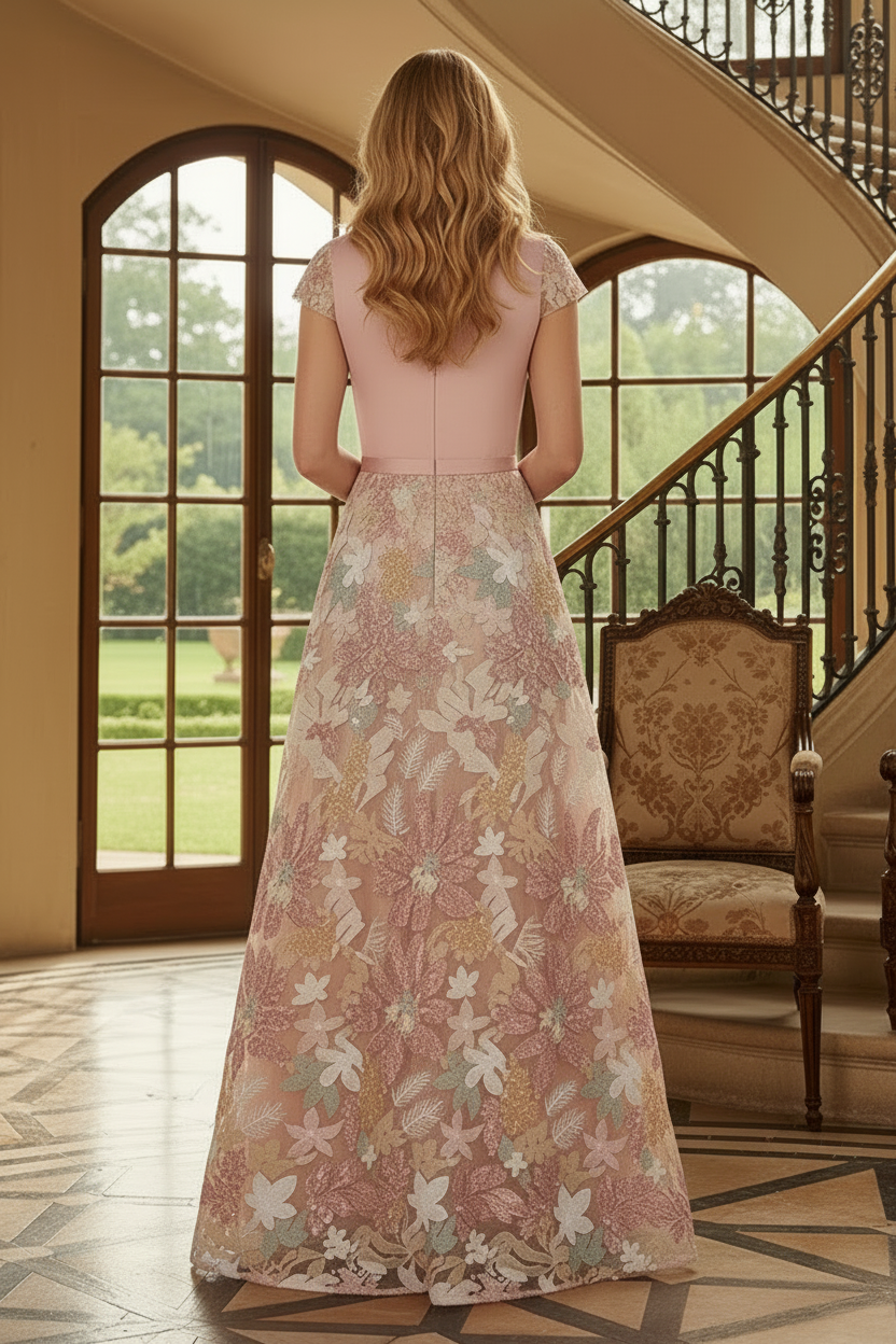 Floral Embroidery A-Line Evening Gown with Sash