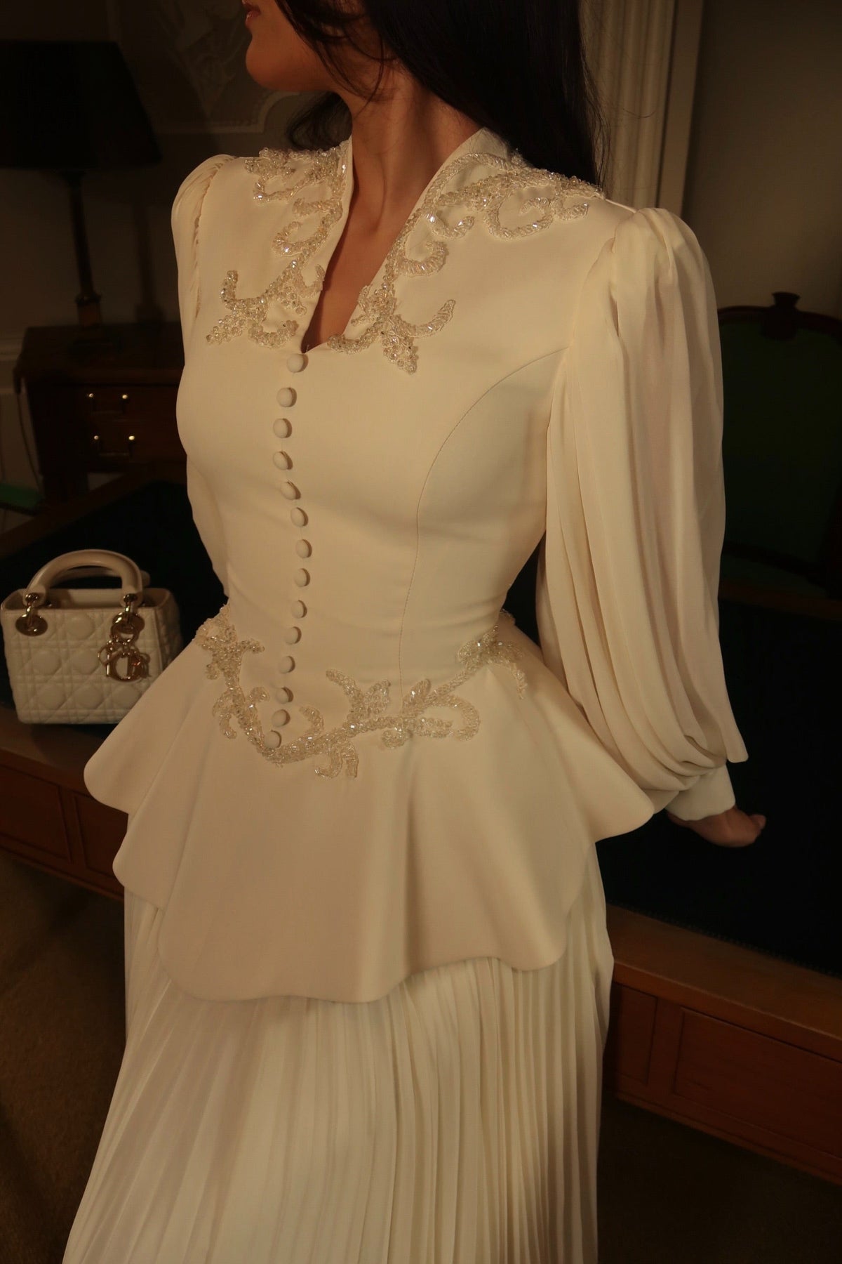 Peplum Evening Gown with Bishop Sleeves