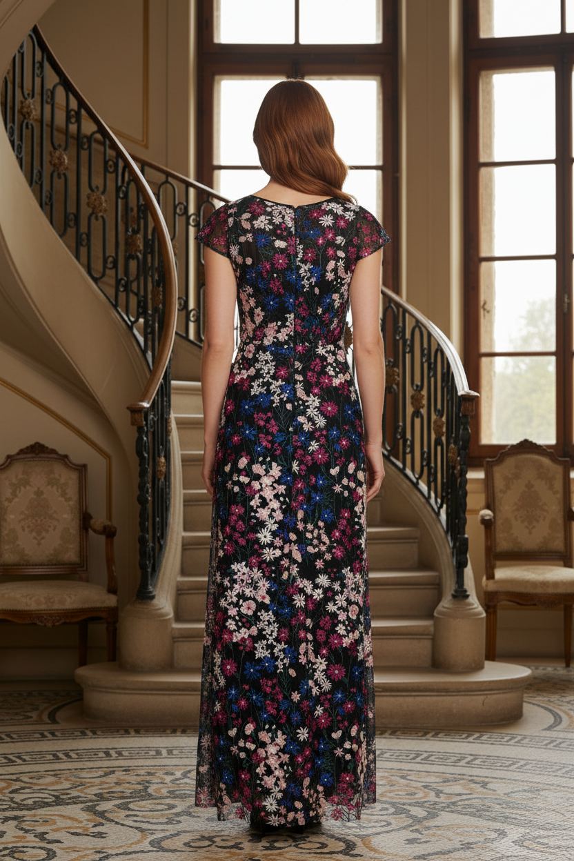Floral Embroidered Mesh V-Neck Maxi Gown