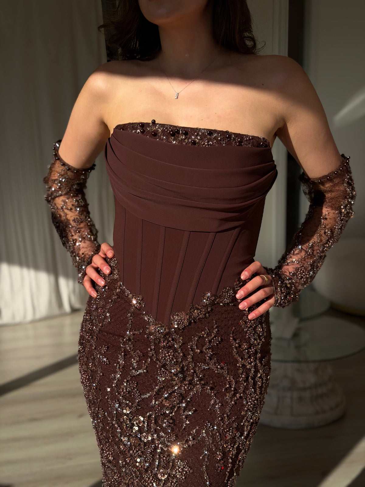 Strapless Corset Evening Gown with Beaded Sleeves