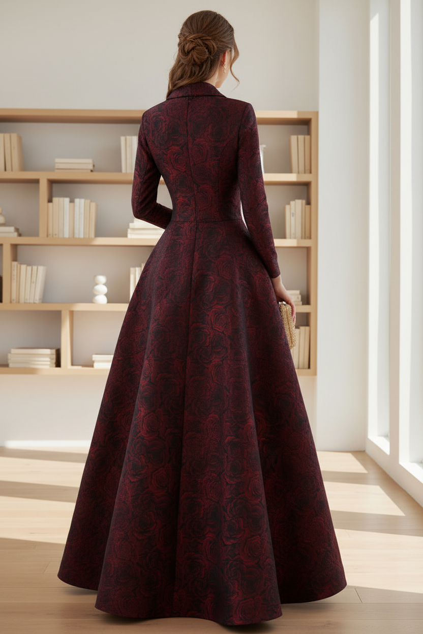 Red Rose Jacquard Long Sleeve A-Line Floor-Length Evening Gown | Mother of the Bride Dress
