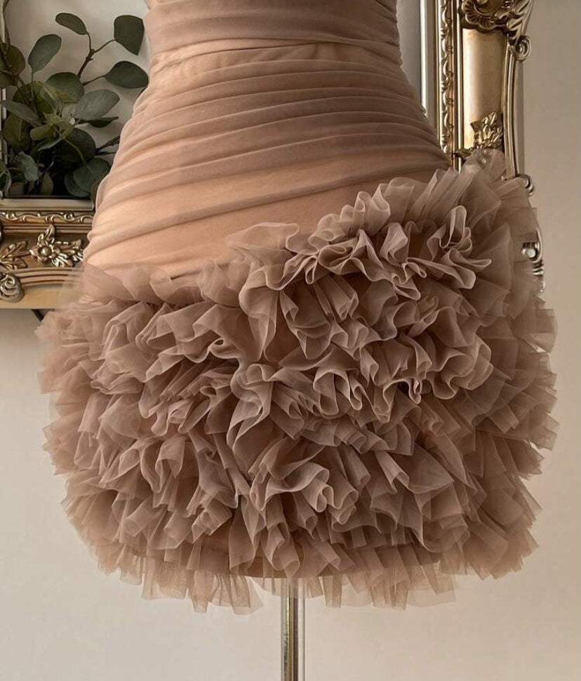 Strapless Ruched Tulle Mini Dress with Ruffled Skirt