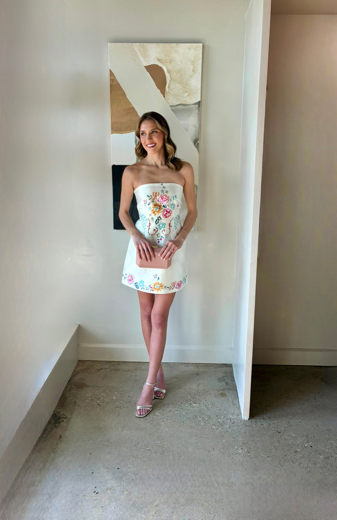 Strapless Floral Embroidered Mini Dress