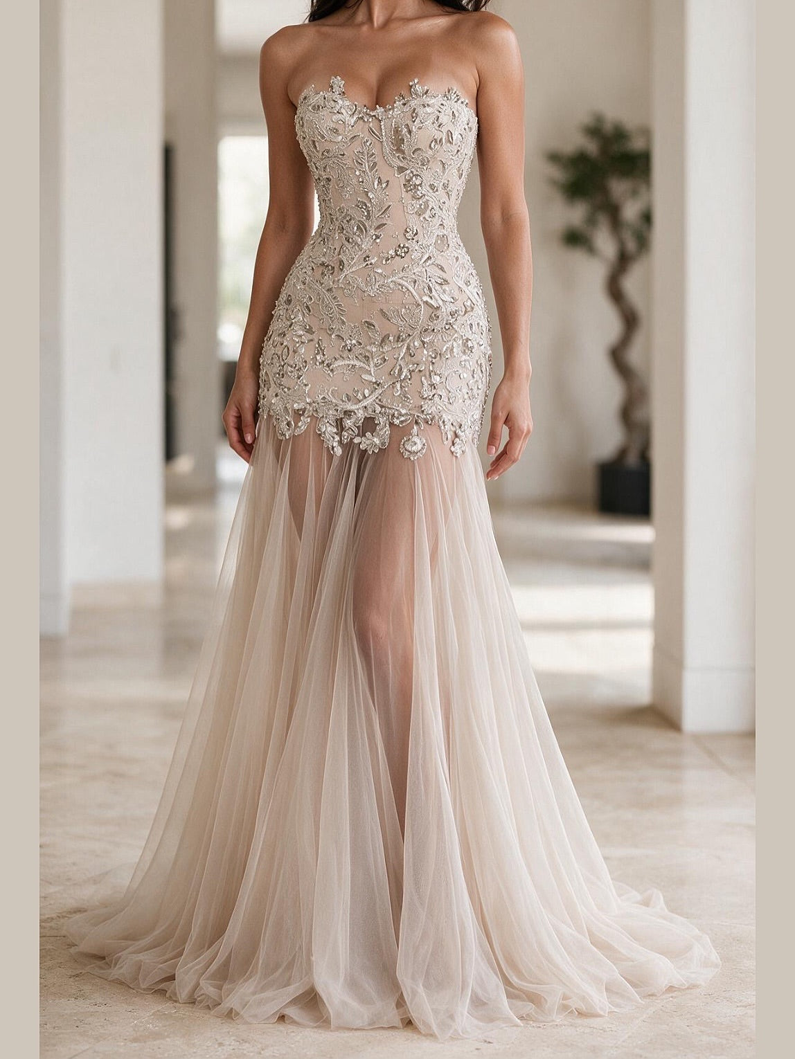 Strapless Embellished Sheer Tulle Evening Gown