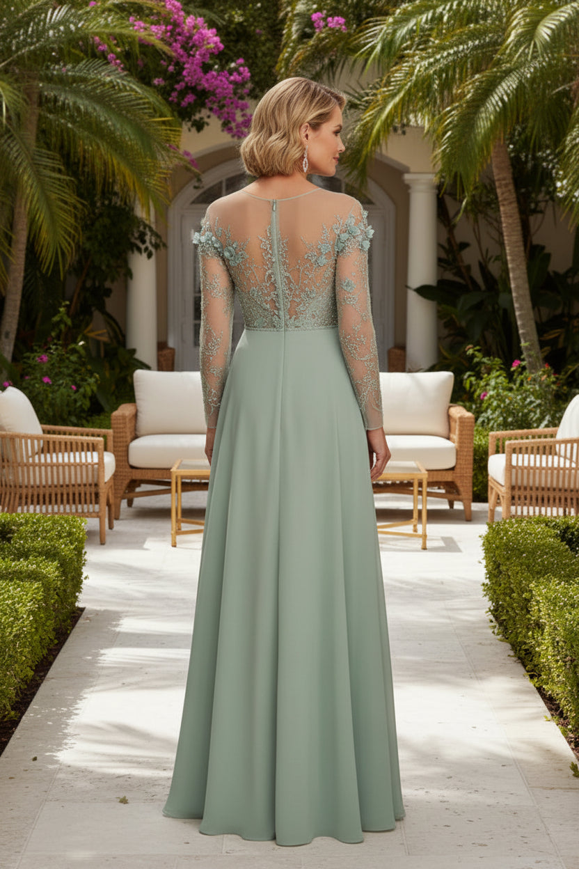 Long Sleeve Illusion Chiffon Evening Gown