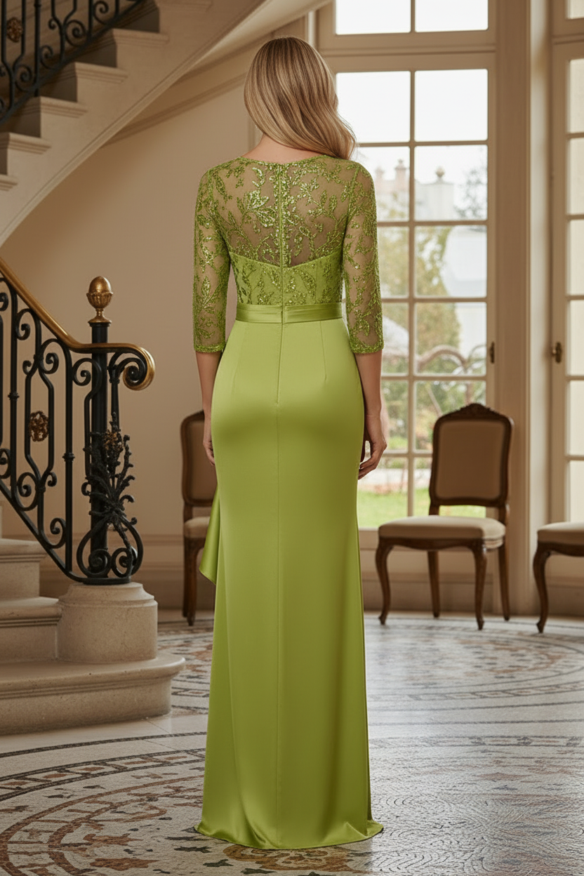 Illusion Neck Satin Gown with Cascading Side Ruffle