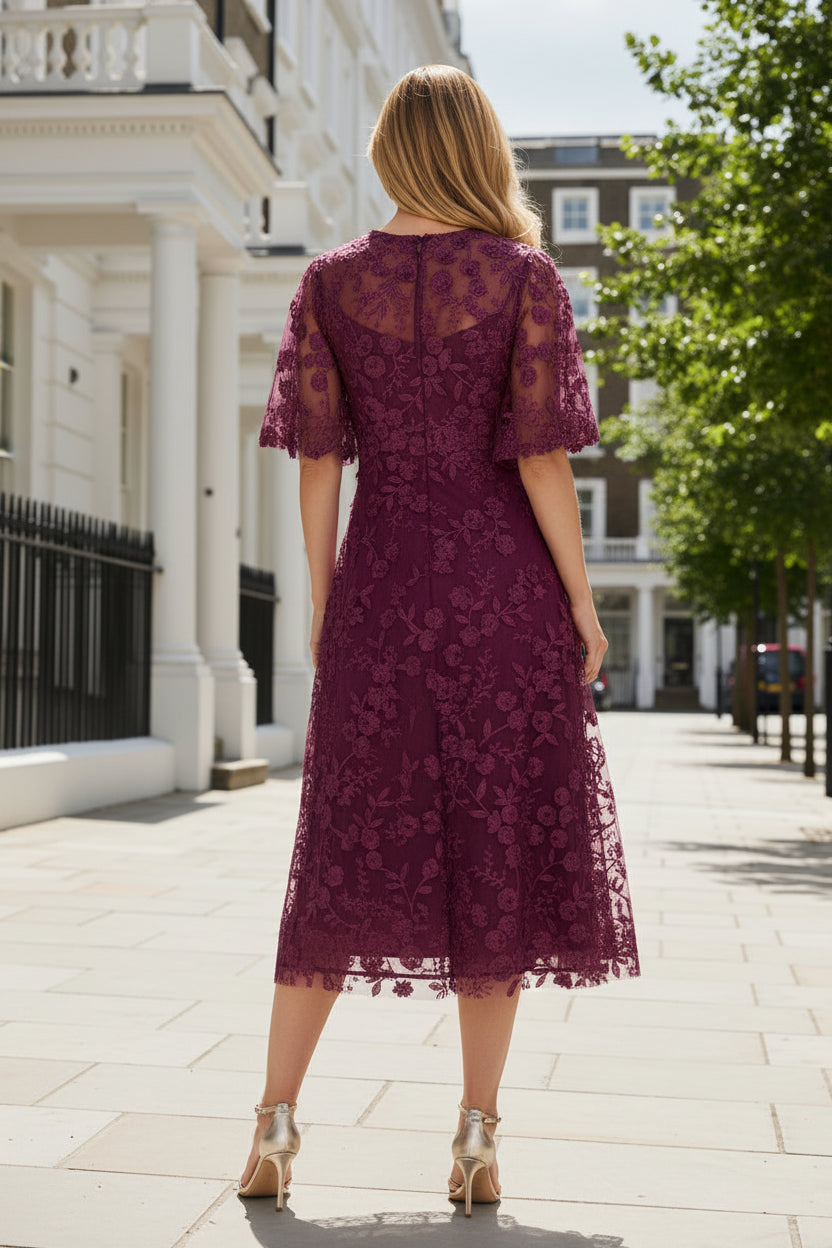 Floral Embroidered Lace A-Line Midi Dress