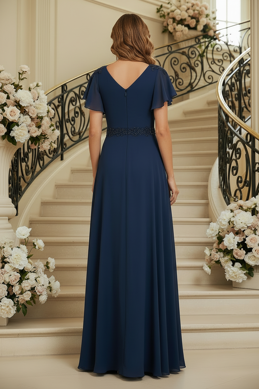 Elegant V-Neck Flutter Sleeve Chiffon Evening Dress