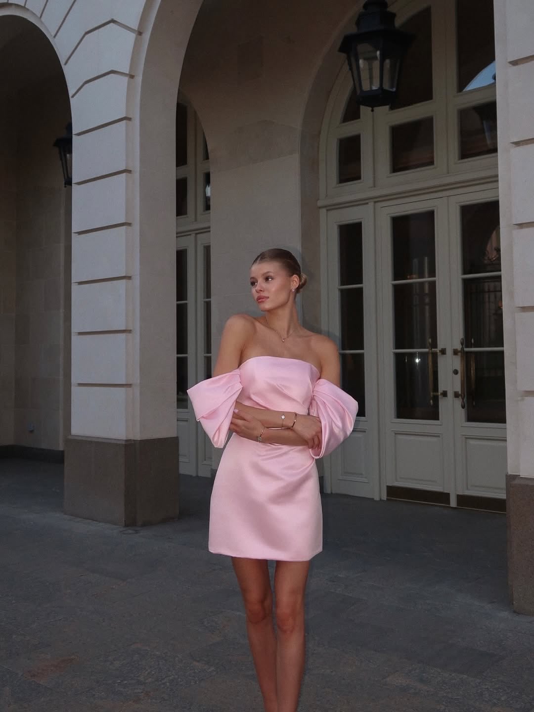 Off-the-Shoulder Satin Mini Dress with Draped Sleeves