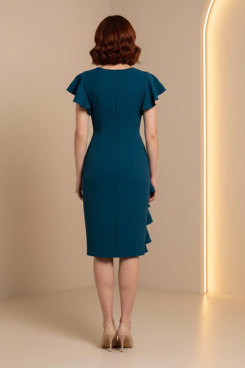 Flutter Sleeve Sheath Midi Dress with Cascading Ruffle