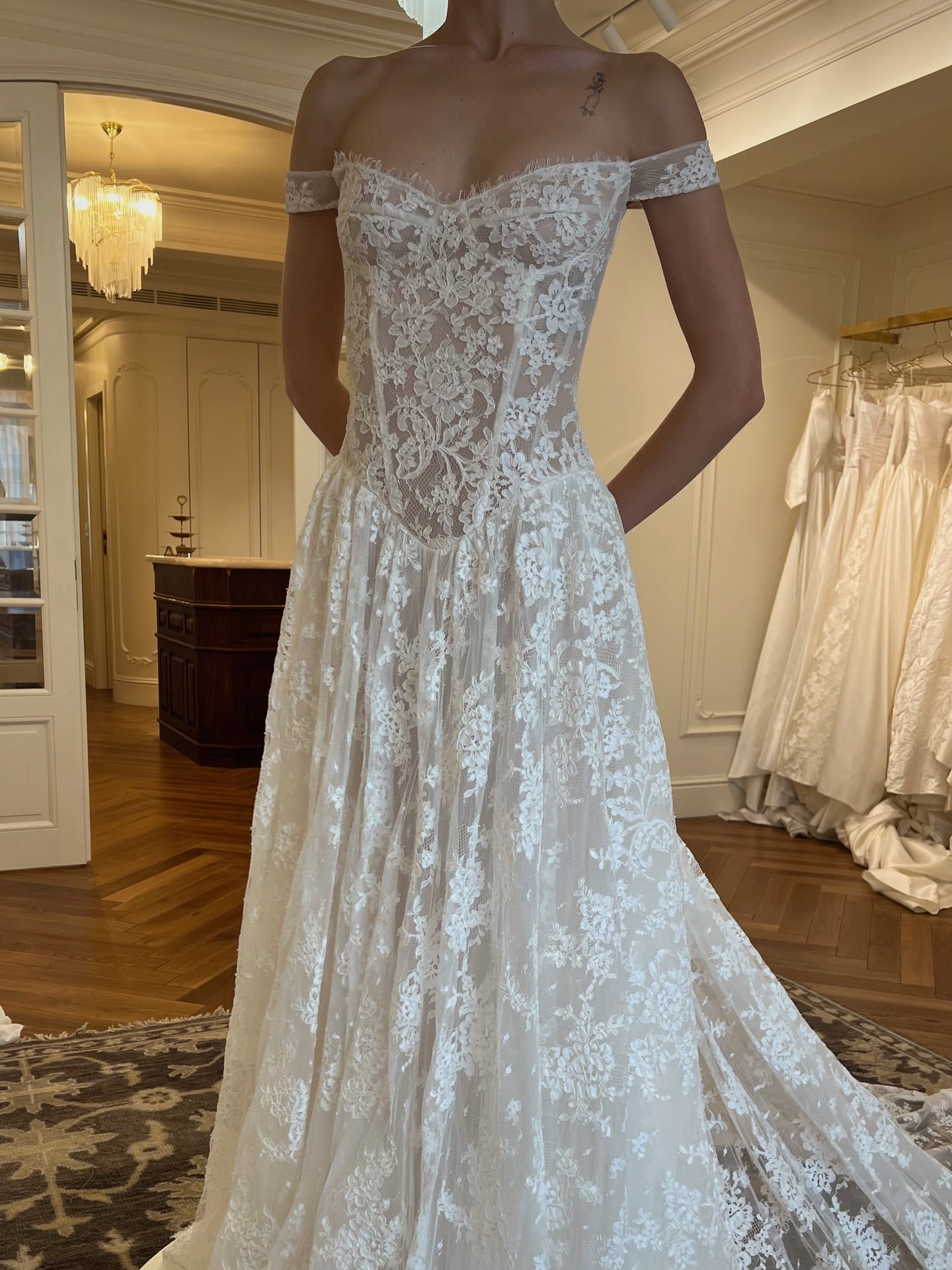 Off-the-Shoulder Lace Corset Ball Gown Wedding Dress