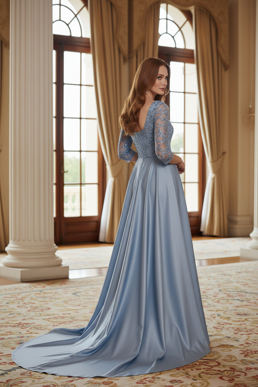 Square Neck Sequin Evening Gown with Satin Overskirt