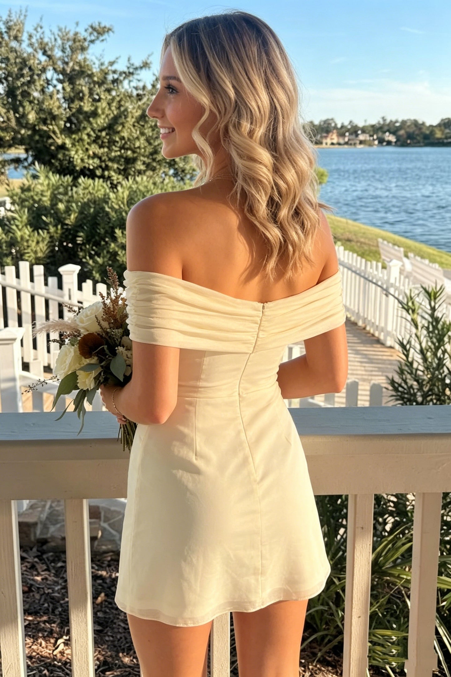 Off-the-Shoulder Ruched A-Line Mini Dress