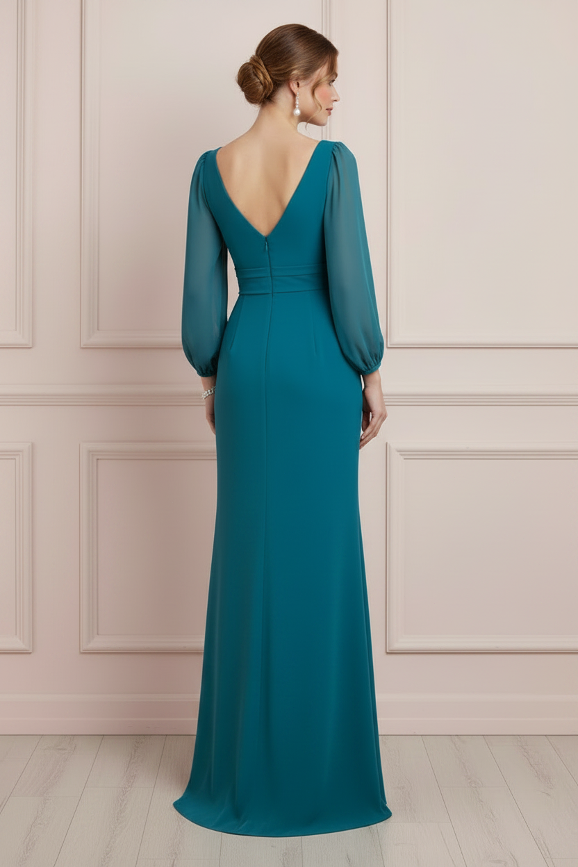 Long Sleeve Bateau Neck Evening Gown with Slit