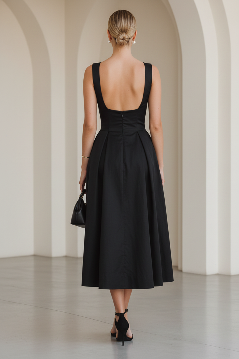 Square Neck Pleated A-Line Midi Dress with Pockets