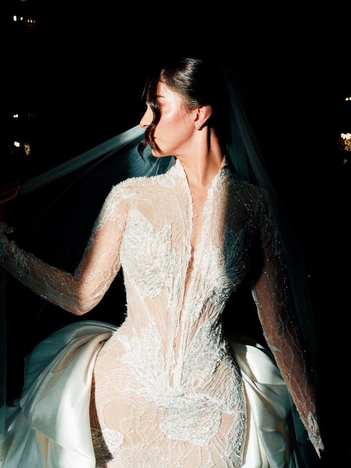 Beaded Lace Illusion Sheath Gown with Overskirt