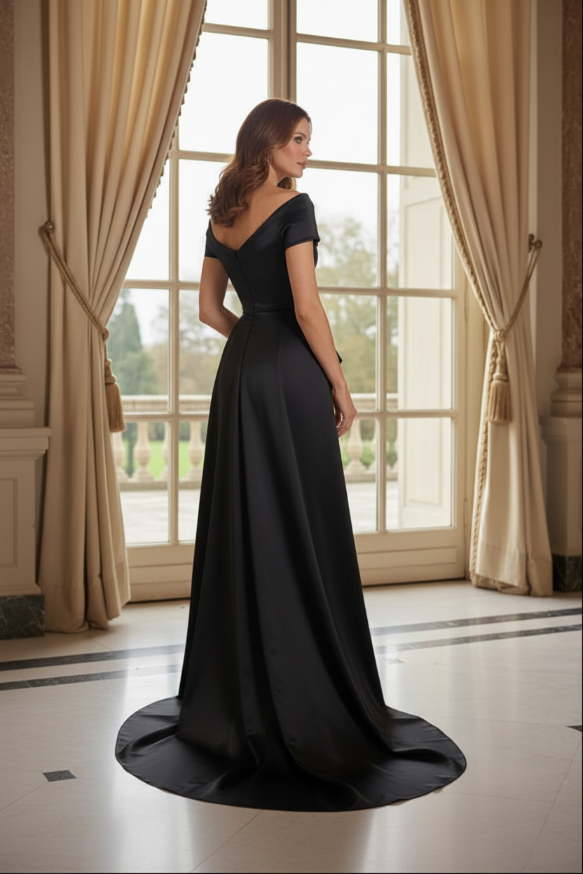 Asymmetrical Satin Peplum Gown with Sequin Slit Skirt